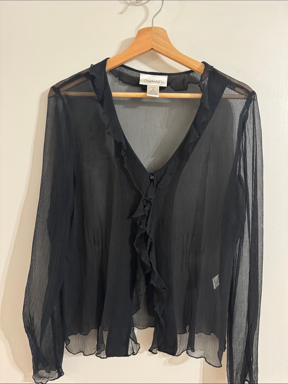 Chadwicks Black Sheer Ruffle-Front V-Neck Blouse